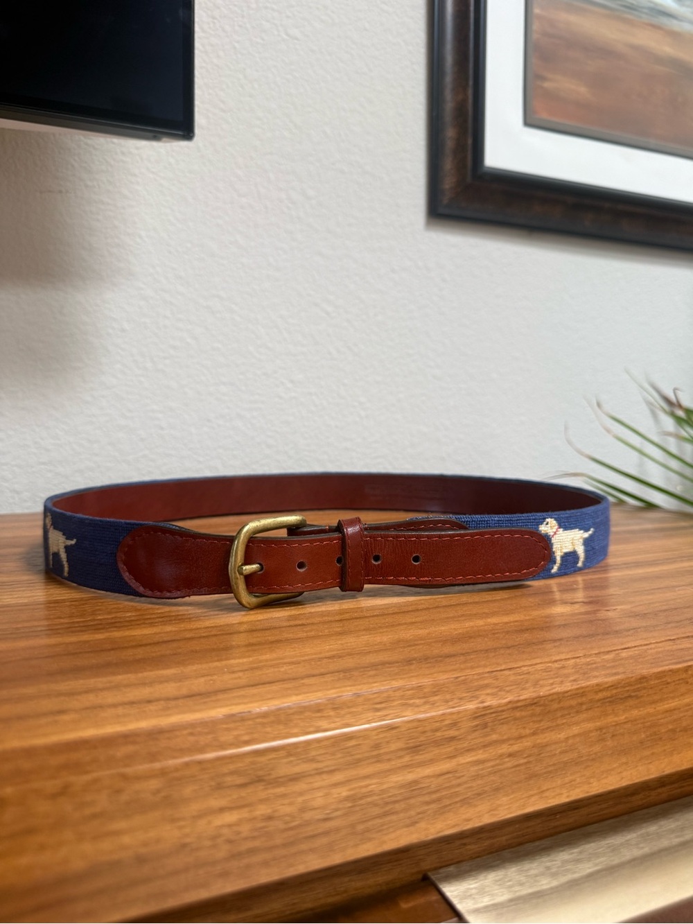 Smathers & Branson Navy Needlepoint Golden Lab Dog Pattern Belt with Leather